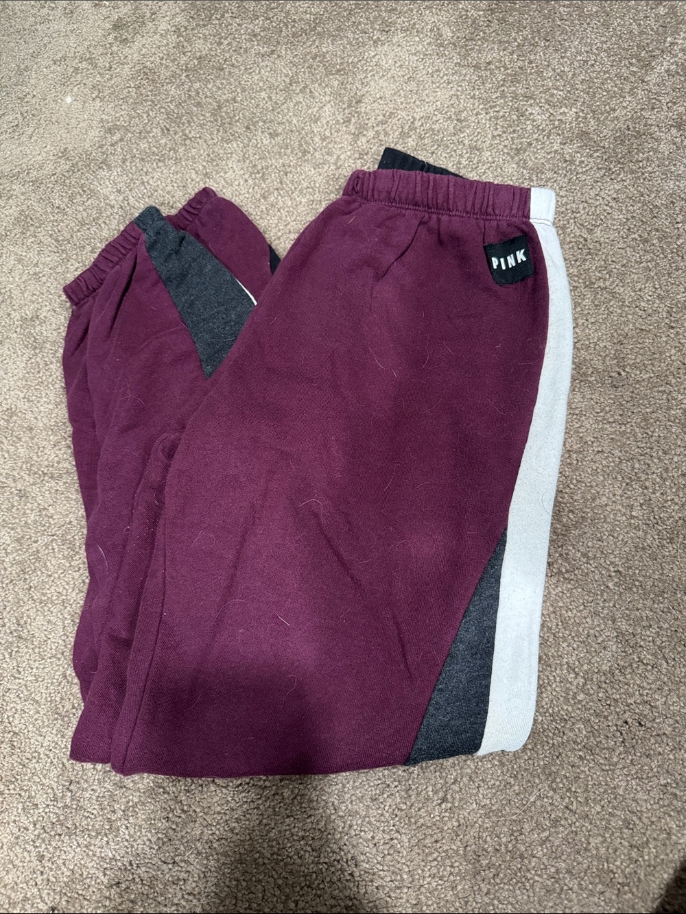 PINK Victoria's Secret Maroon Colorblock Joggers with Gray & White Panels